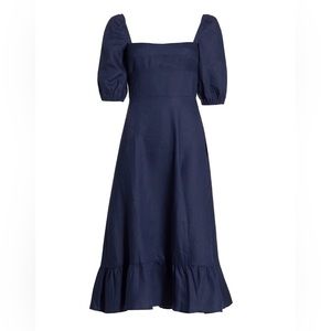 Reformation Belgium Puff Sleeve Midi Dress Navy Blue